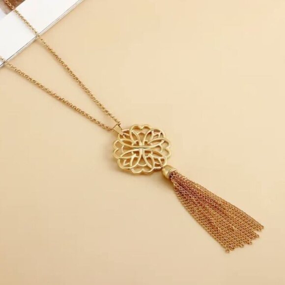NEW Gold Lotus Flower Mandela Tassle Long Pendant Necklace - Picture 2 of 5
